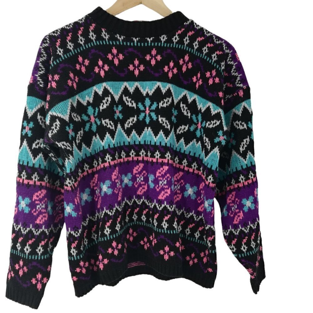Vintage Stefano Geometric Pullover Sweater Size XL Girls Crew Neck Preppy Flower